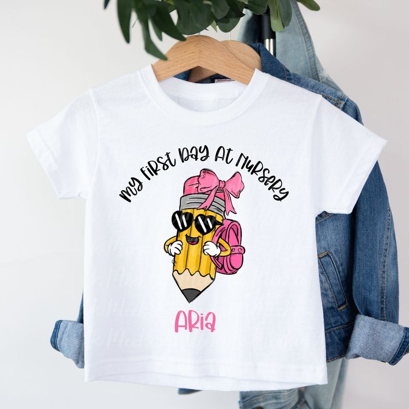 My First Day At Nursery Back Pack Bow Pencil Personalised DTF Decal