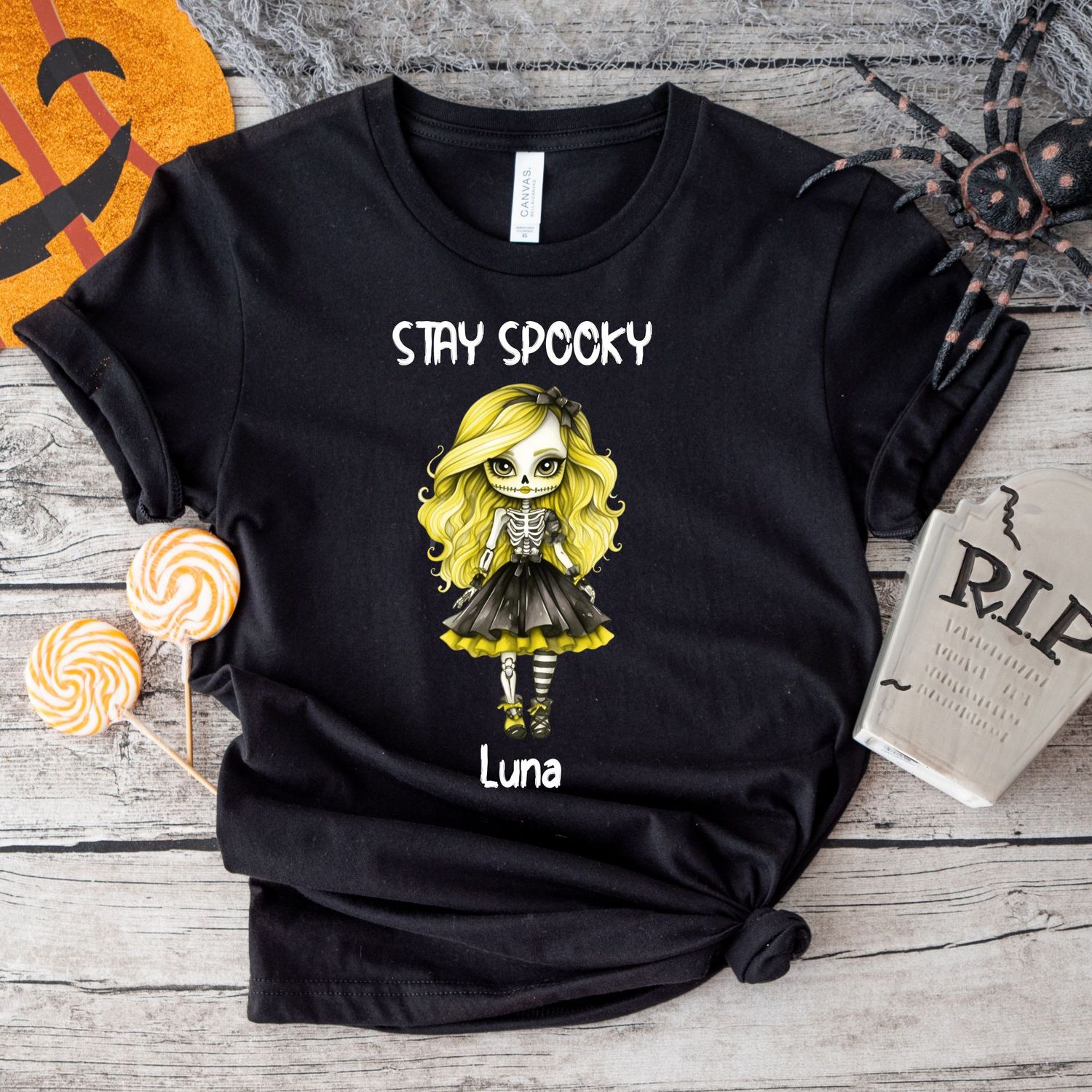 Stay Spooky Skeleton Doll Halloween White Text DTF Decal