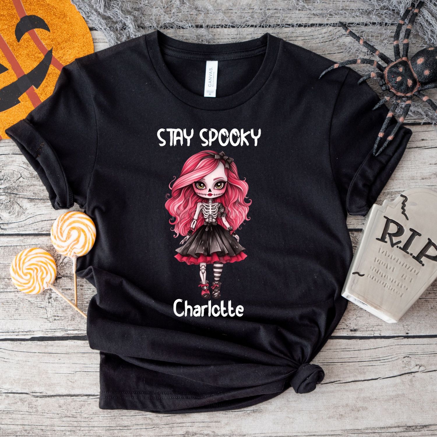 Stay Spooky Skeleton Doll Halloween White Text DTF Decal