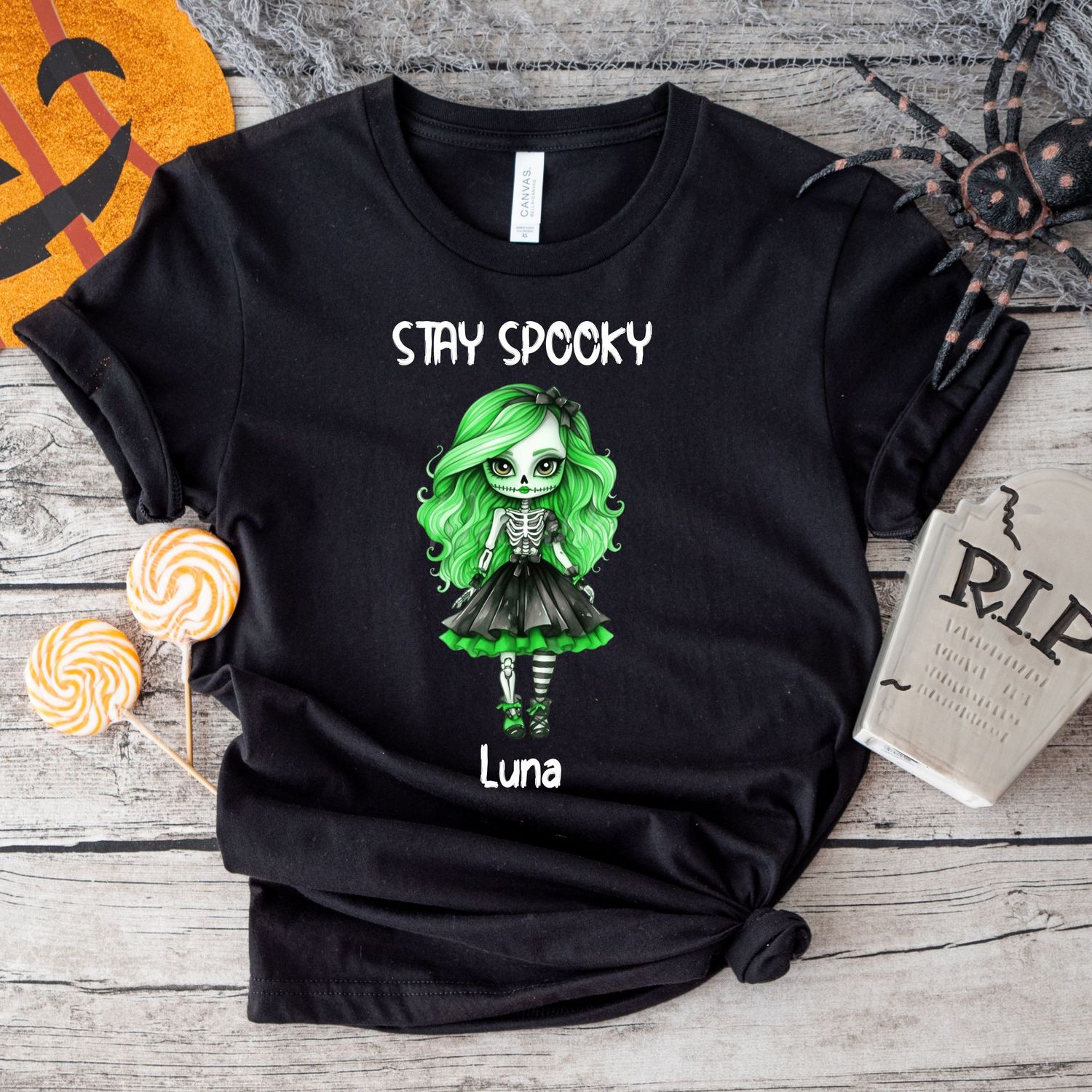 Stay Spooky Skeleton Doll Halloween White Text DTF Decal