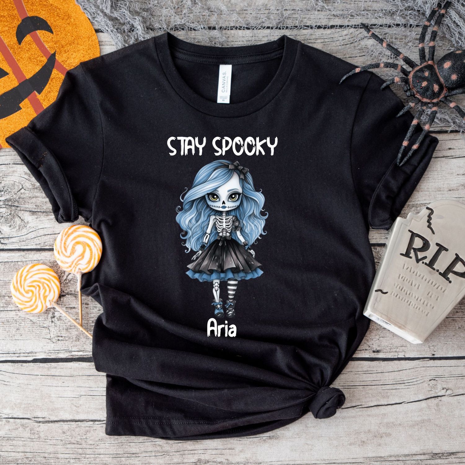 Stay Spooky Skeleton Doll Halloween White Text DTF Decal