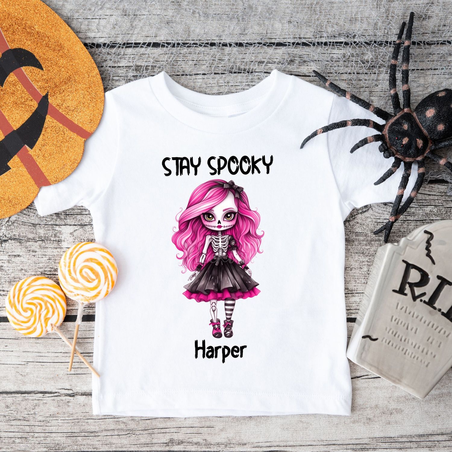 Stay Spooky Skeleton Doll Halloween Black Text DTF Decal