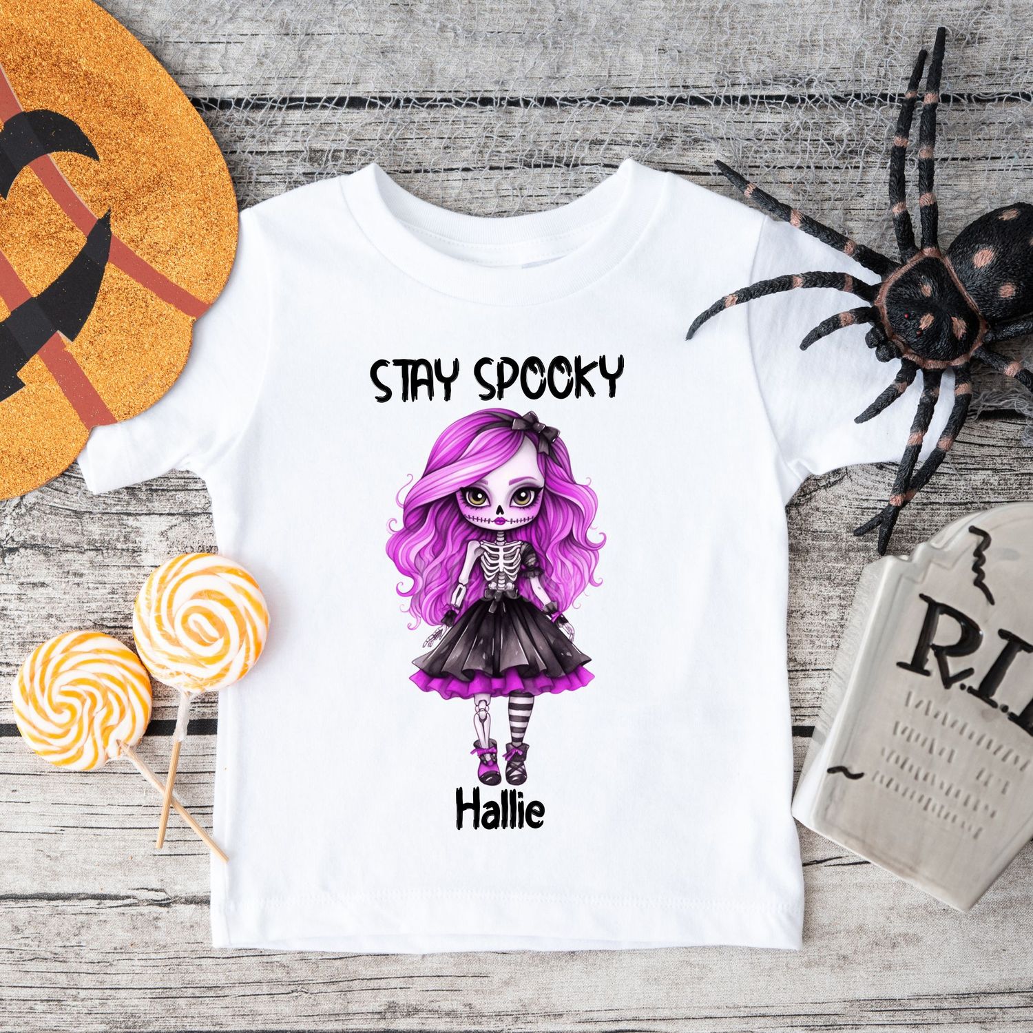 Stay Spooky Skeleton Doll Halloween Black Text DTF Decal