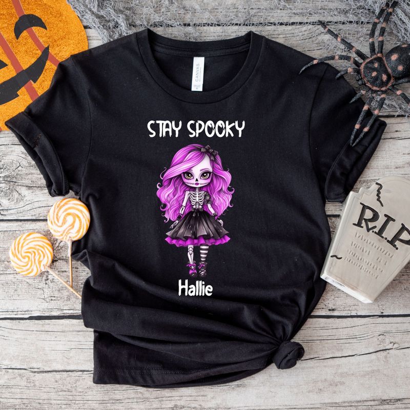 Stay Spooky Skeleton Doll Halloween White Text DTF Decal