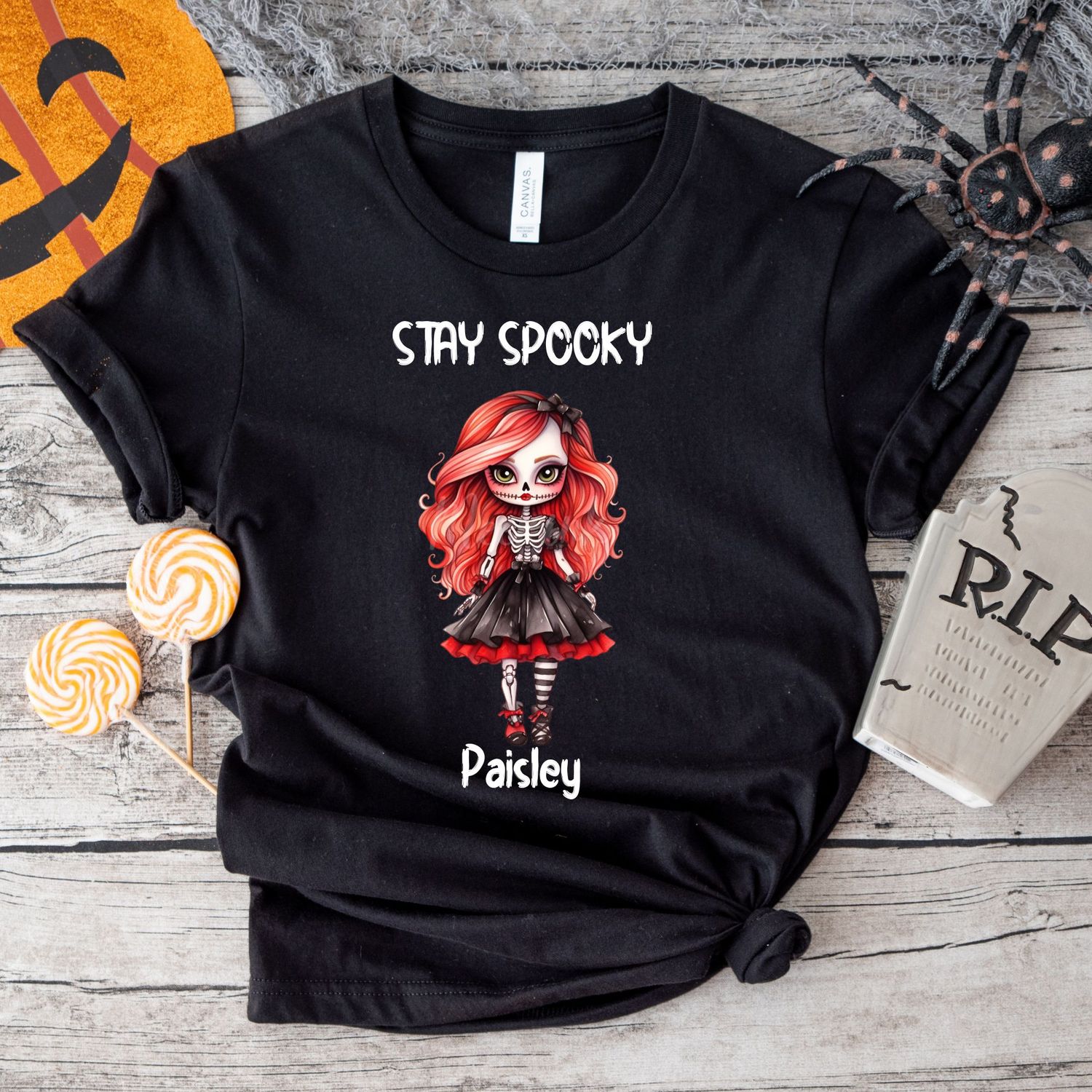 Stay Spooky Skeleton Doll Halloween White Text DTF Decal