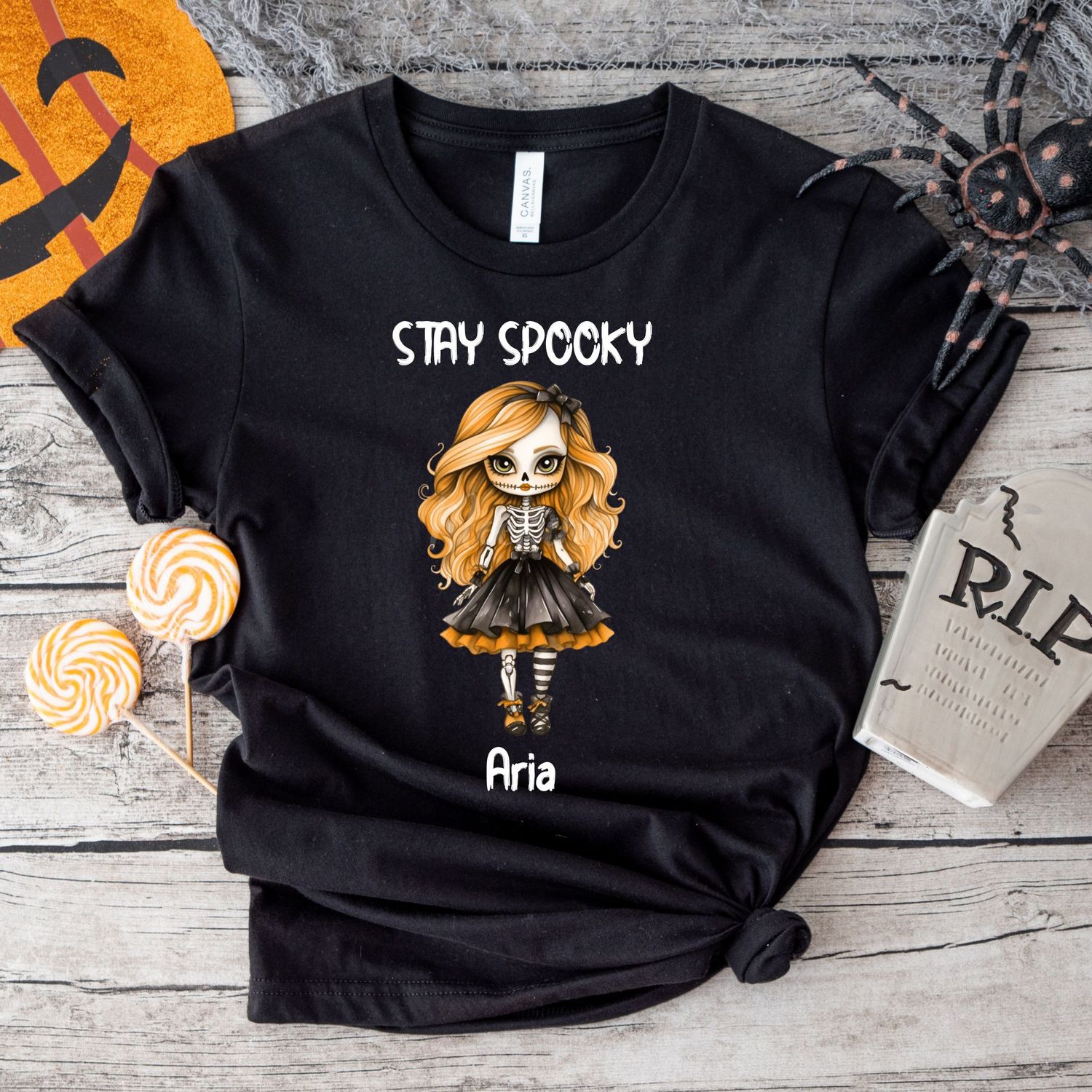 Stay Spooky Skeleton Doll Halloween White Text DTF Decal