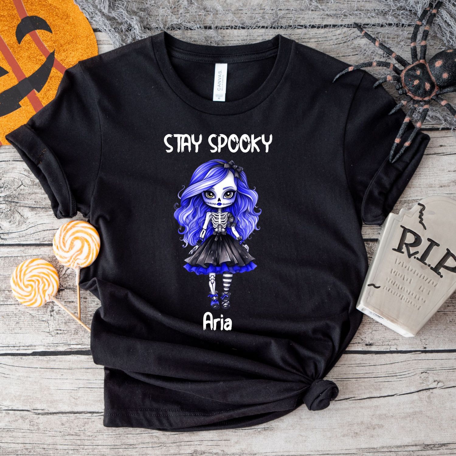 Stay Spooky Skeleton Doll Halloween White Text DTF Decal