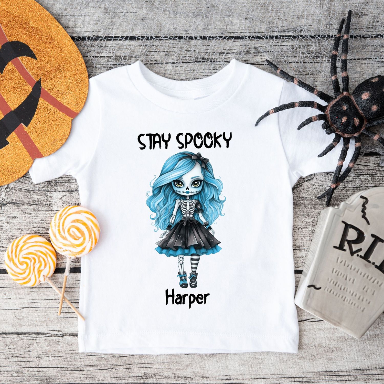 Stay Spooky Skeleton Doll Halloween Black Text DTF Decal