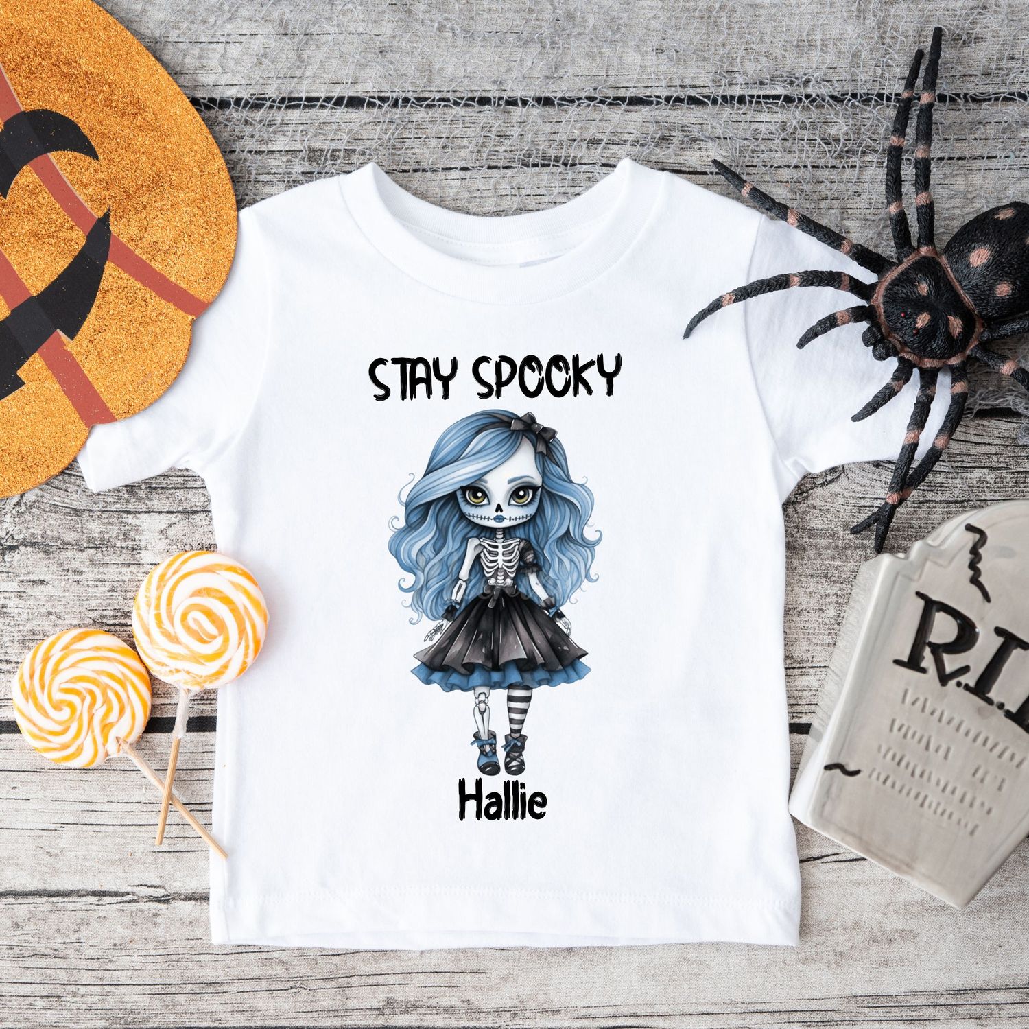 Stay Spooky Skeleton Doll Halloween Black Text DTF Decal