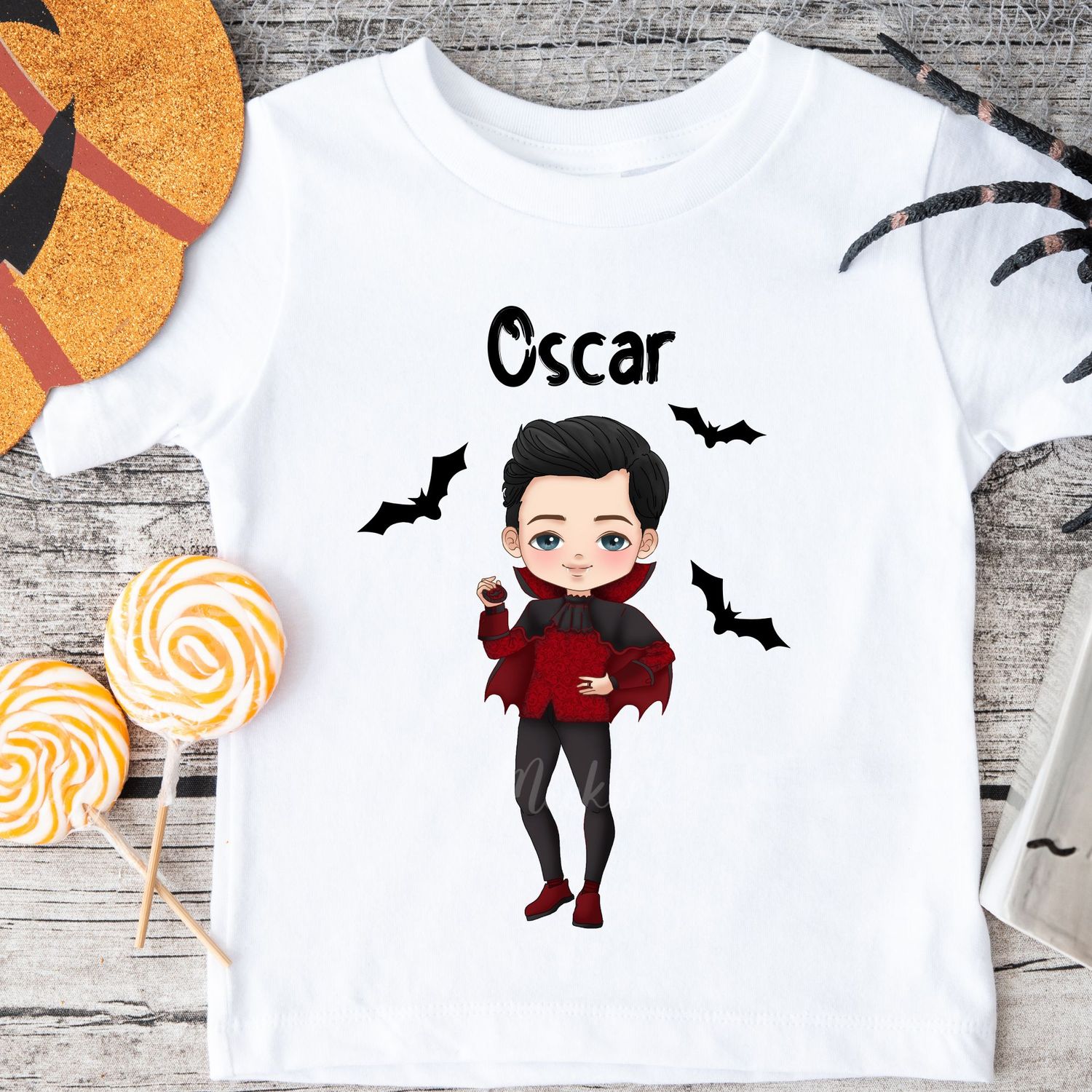 Boys Vampire Doll Halloween White Text DTF Decal