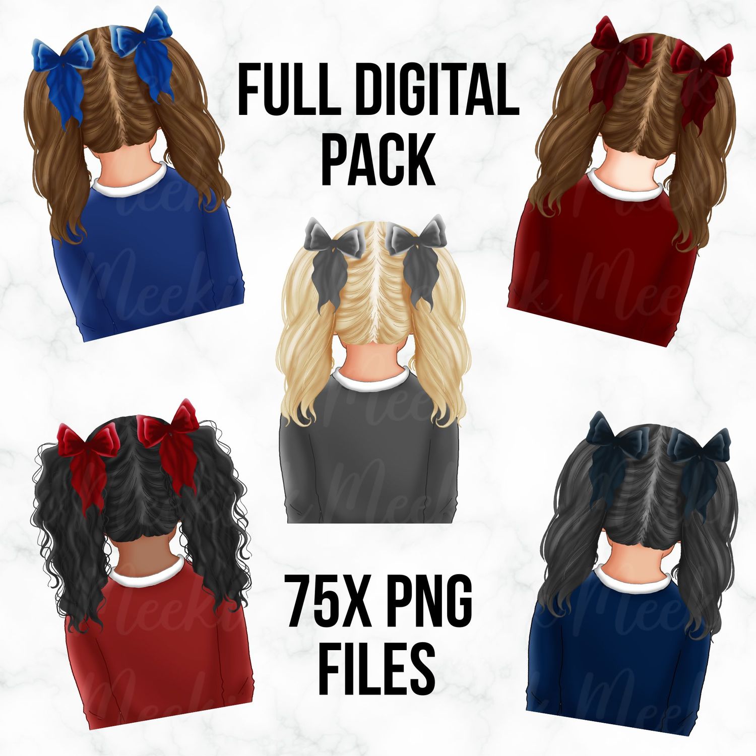 FULL SET 75x Back Facing School Girl Dolls PNG Digital File