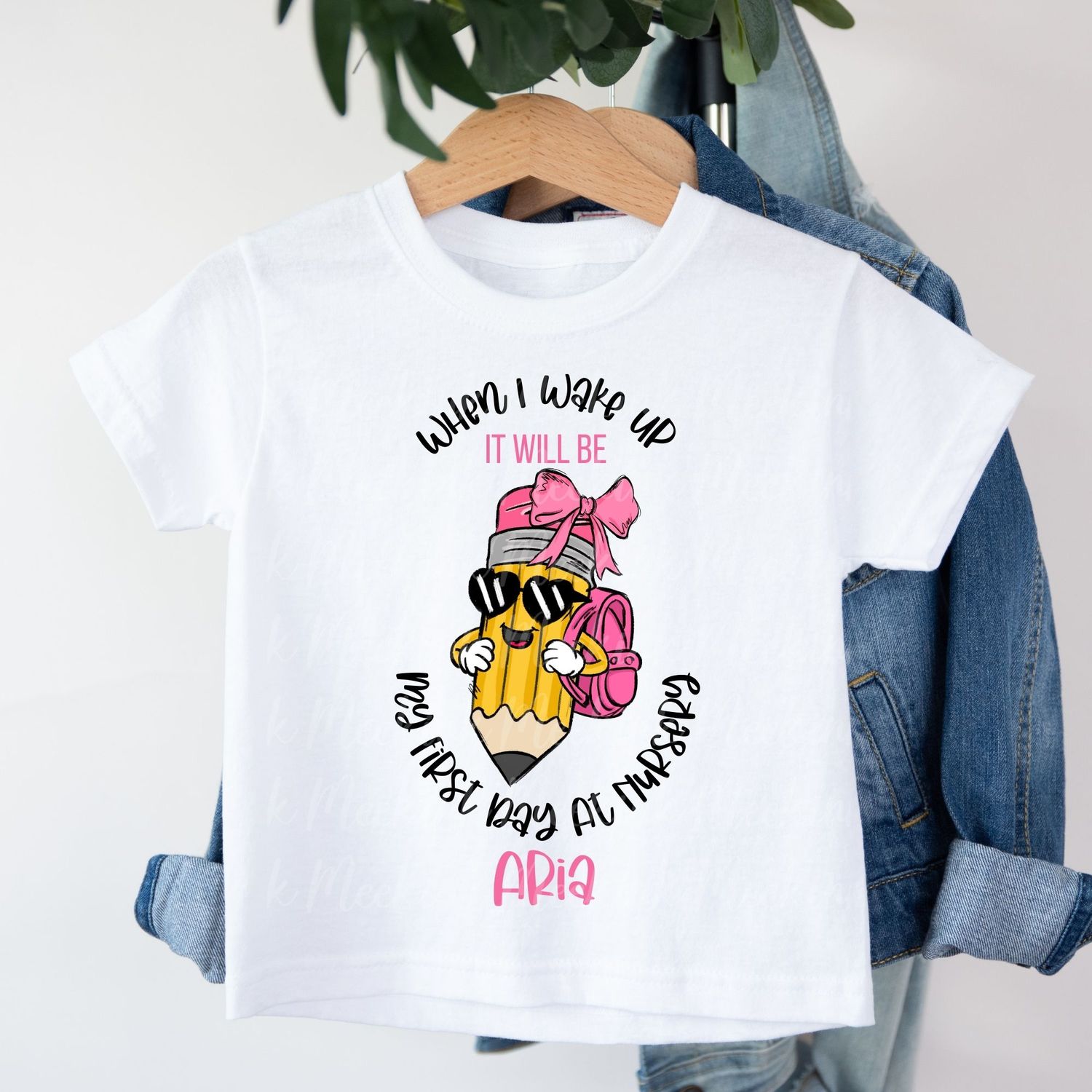 When I Wake Up Pink Nursery Back Pack Bow Pencil Personalised DTF Decal