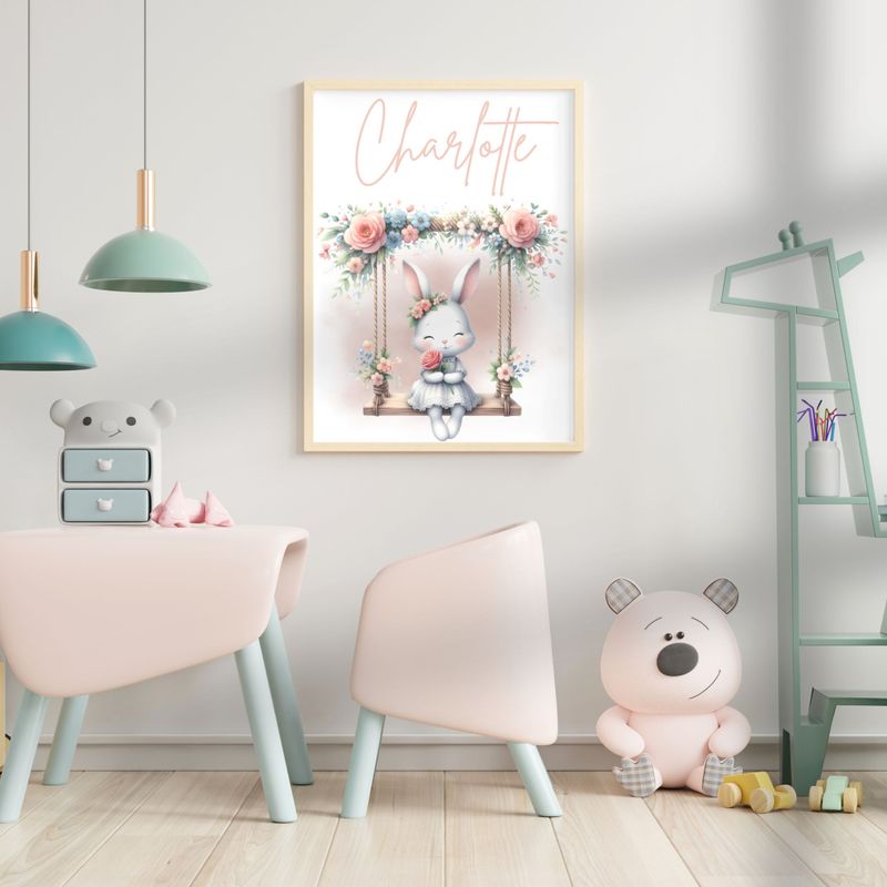 White Bunny Flower Swing Nursery Bedroom Decor Print