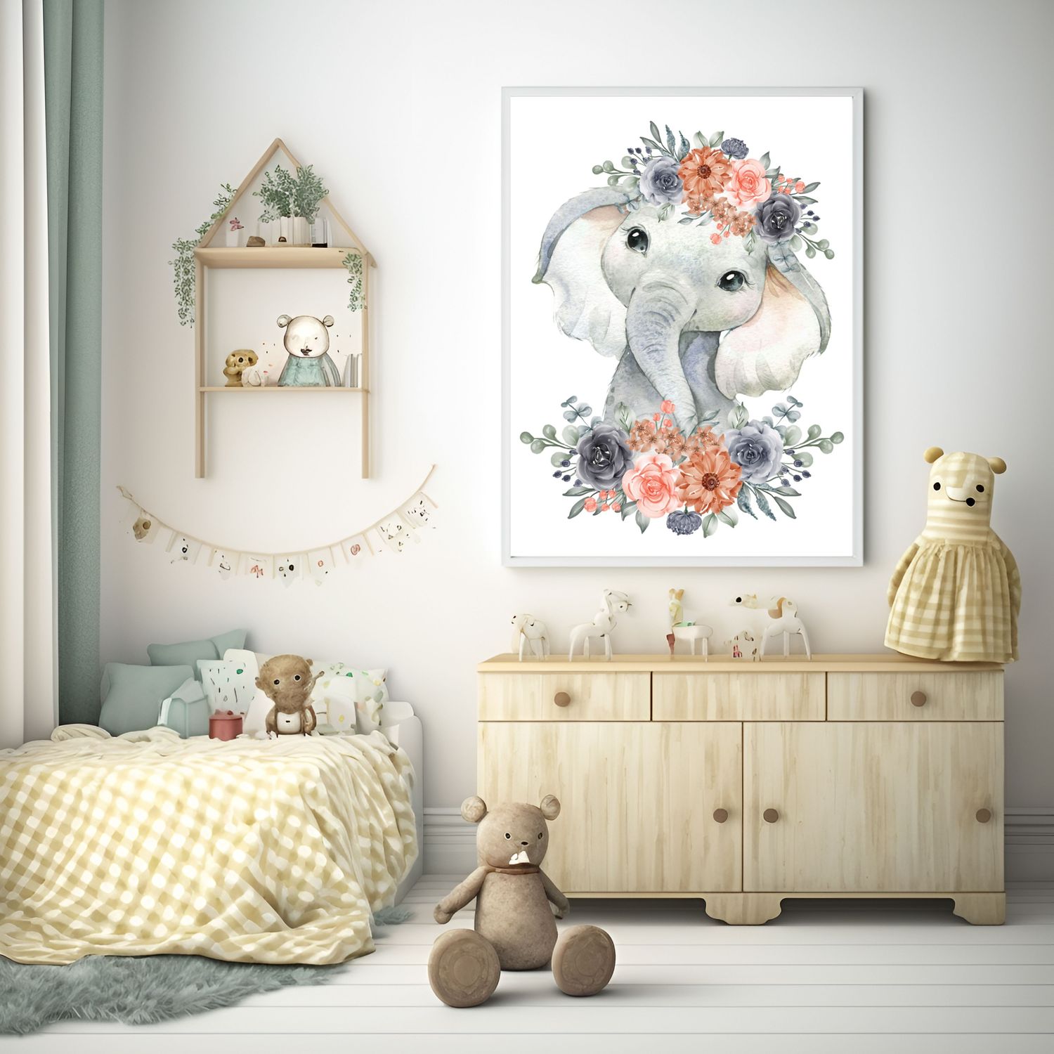 Floral Elephant Nursery Bedroom Decor Print