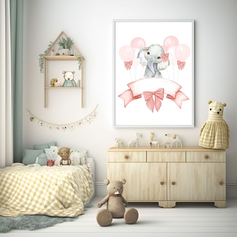 Pink Elephant Scroll Nursery Bedroom Decor Print