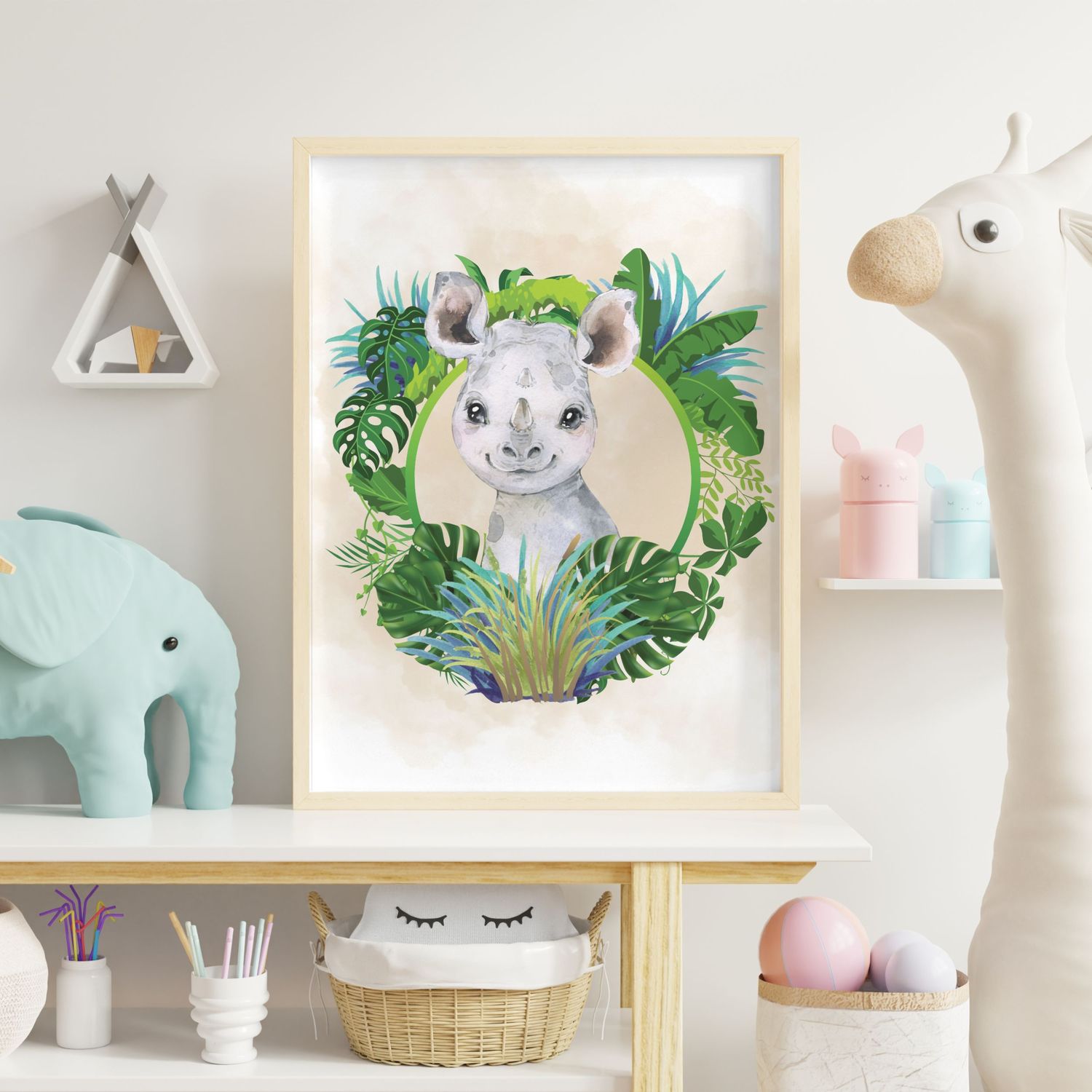 Baby Rhino Leaf Wreath Nursery Bedroom Decor Print