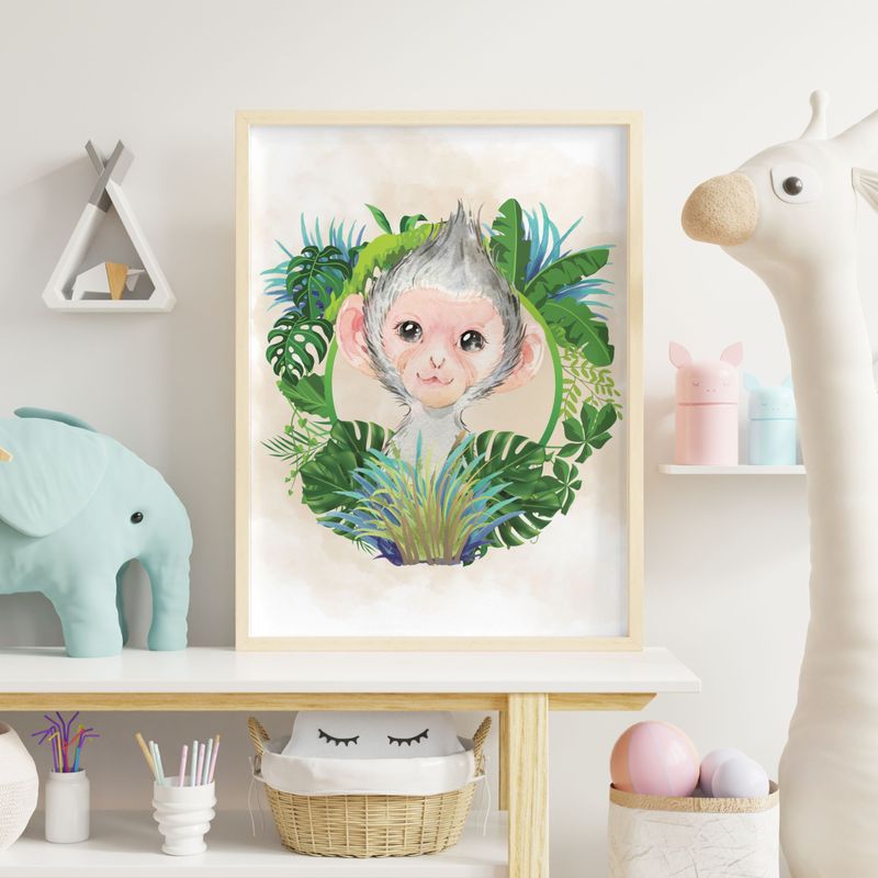 Baby Monkey Leaf Wreath Nursery Bedroom Decor Print