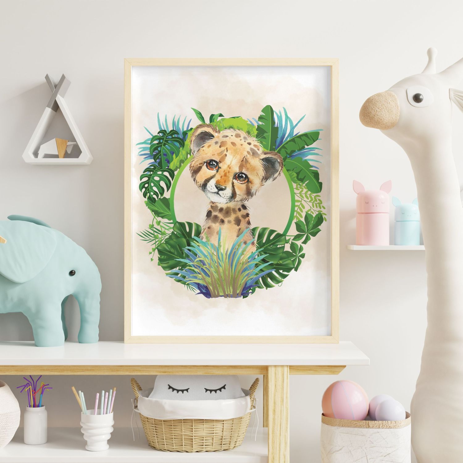 Baby Lion Cub Leaf Wreath Nursery Bedroom Decor Print