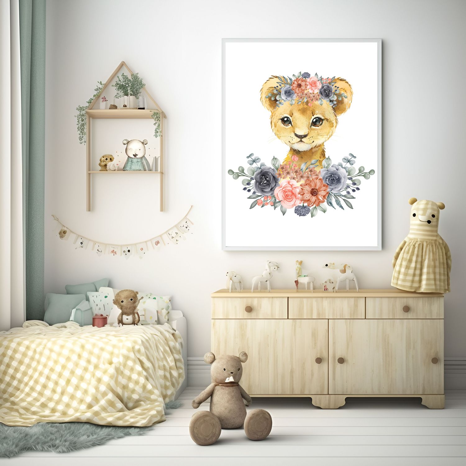 Cub Coral Floral Nursery Bedroom Decor Print