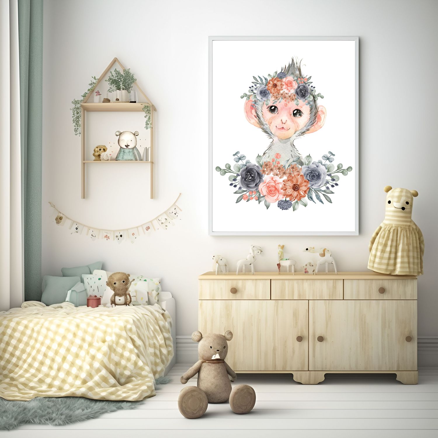 Monkey Coral Floral Nursery Bedroom Decor Print