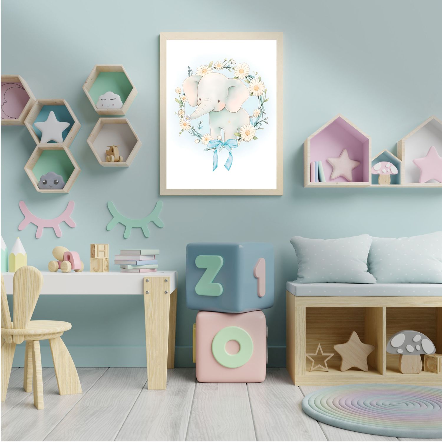 Baby Elephant Blue Bow Nursery Bedroom Decor Print