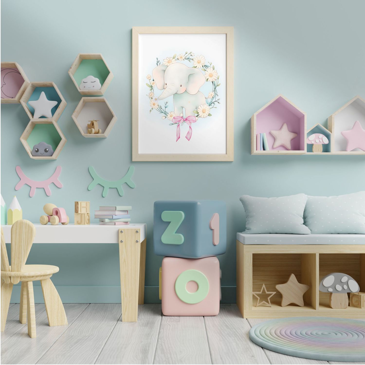 Baby Elephant Pink Bow Nursery Bedroom Decor Print