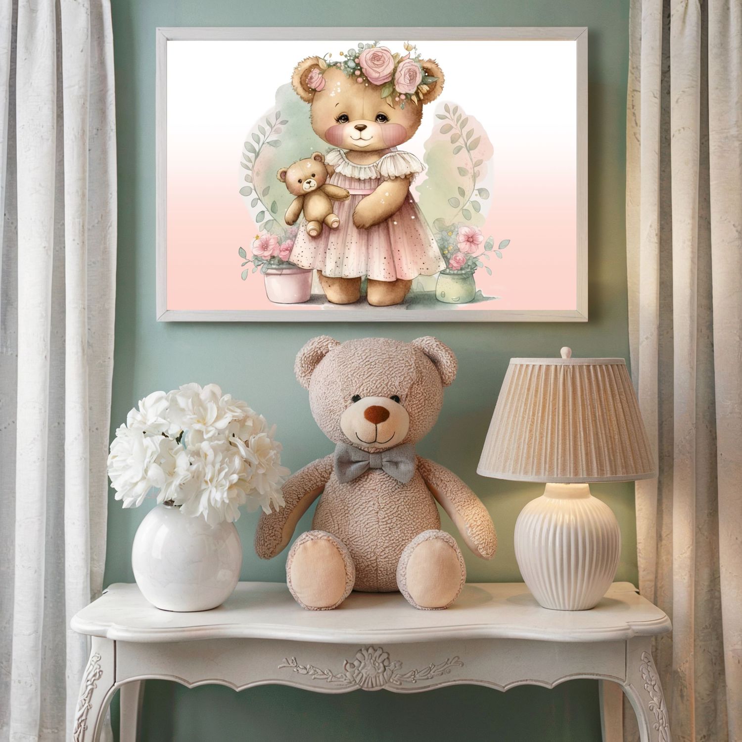 Floral Teddy 2 Nursery Bedroom Decor Print