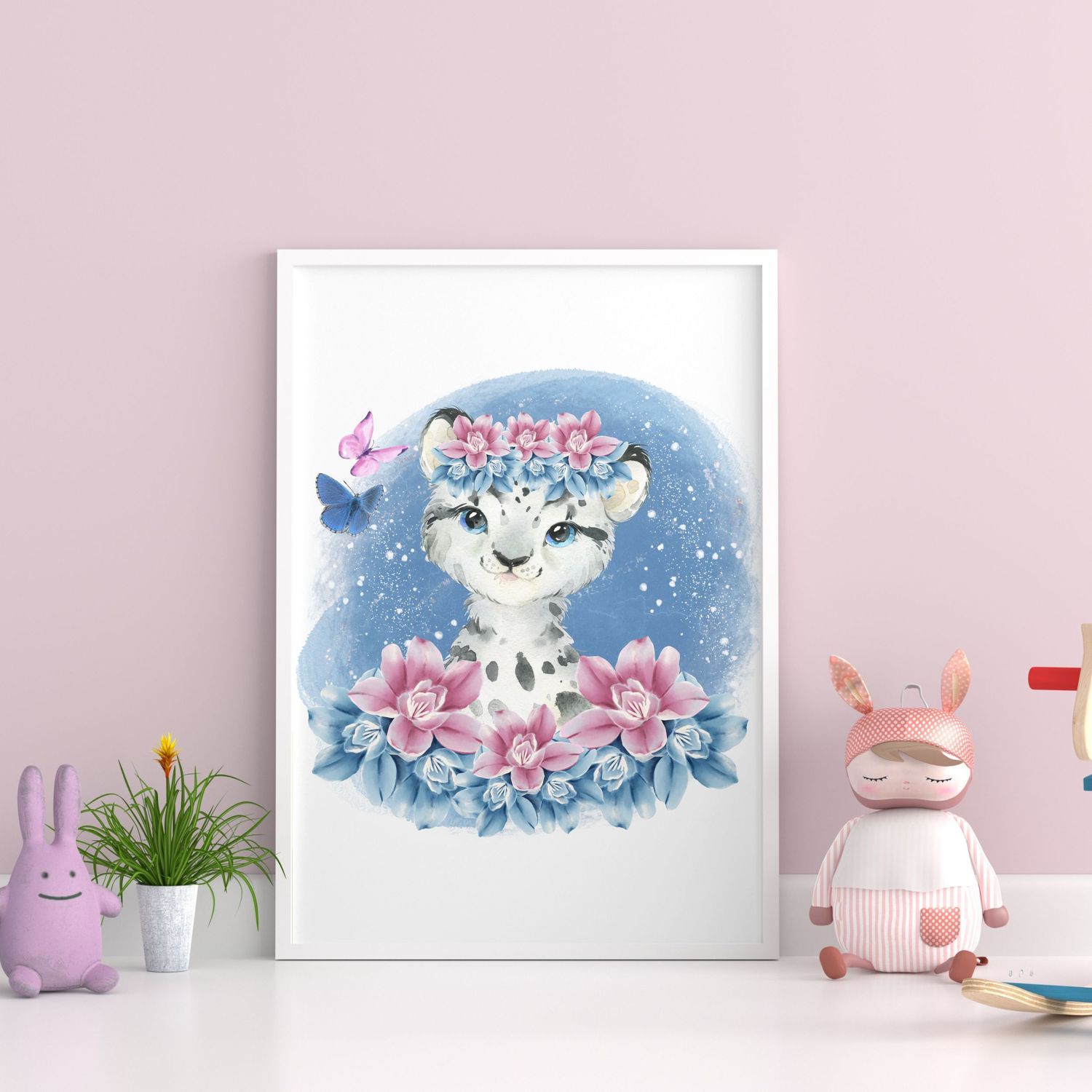 Blue &amp; Pink Snow Leopard Nursery Bedroom Decor Print