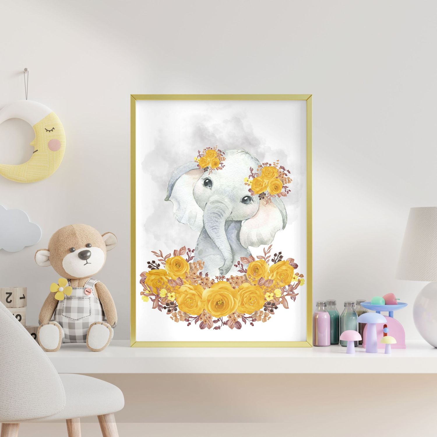 Yellow Floral Elephant Nursery Bedroom Decor Print
