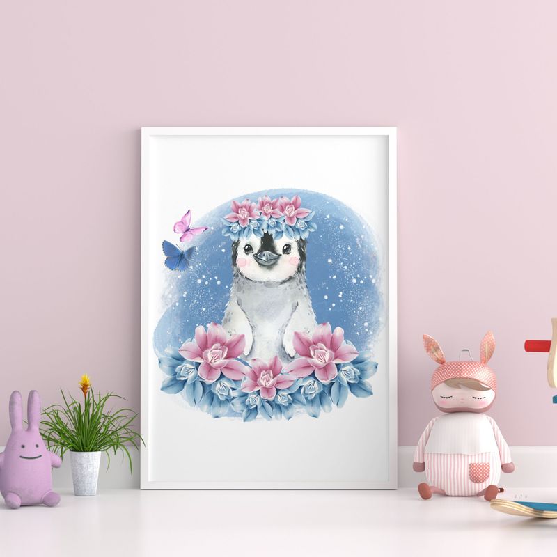Blue &amp; Pink Penguin Nursery Bedroom Decor Print