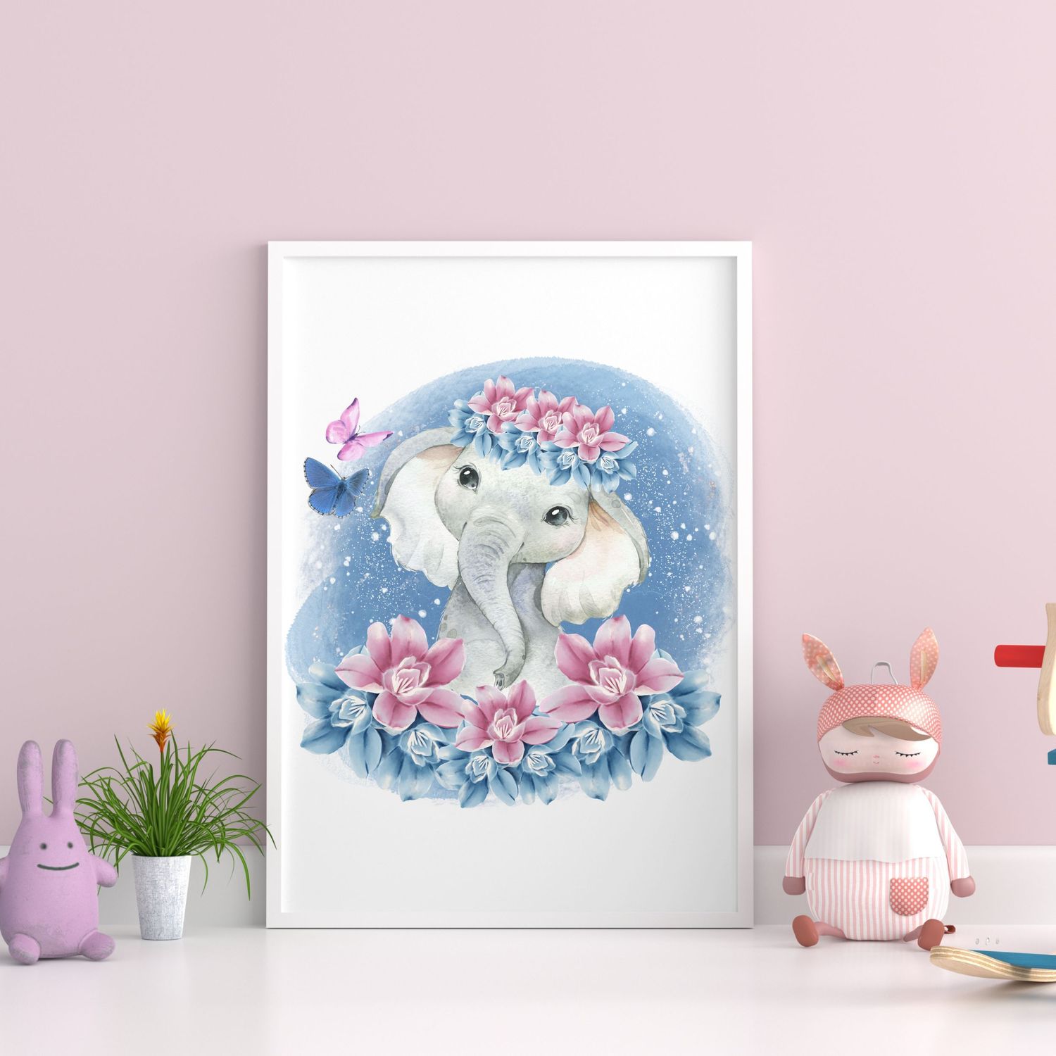 Blue &amp; Pink Elephant Nursery Bedroom Decor Print