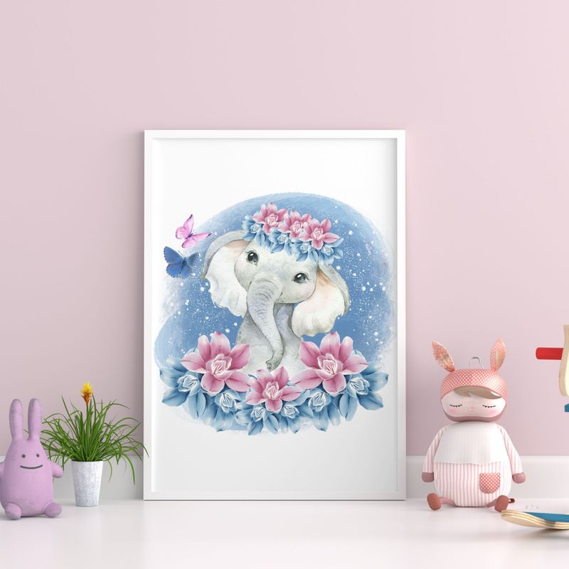 Blue &amp; Pink Elephant Nursery Bedroom Decor Print
