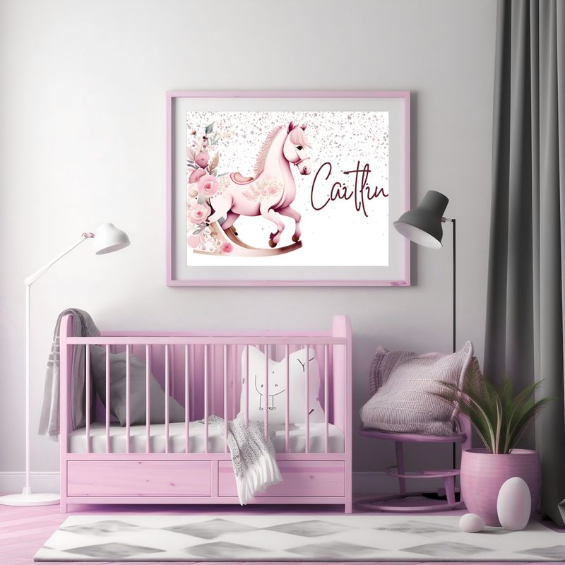 Floral Rocking Horse Nursery Bedroom Decor Print