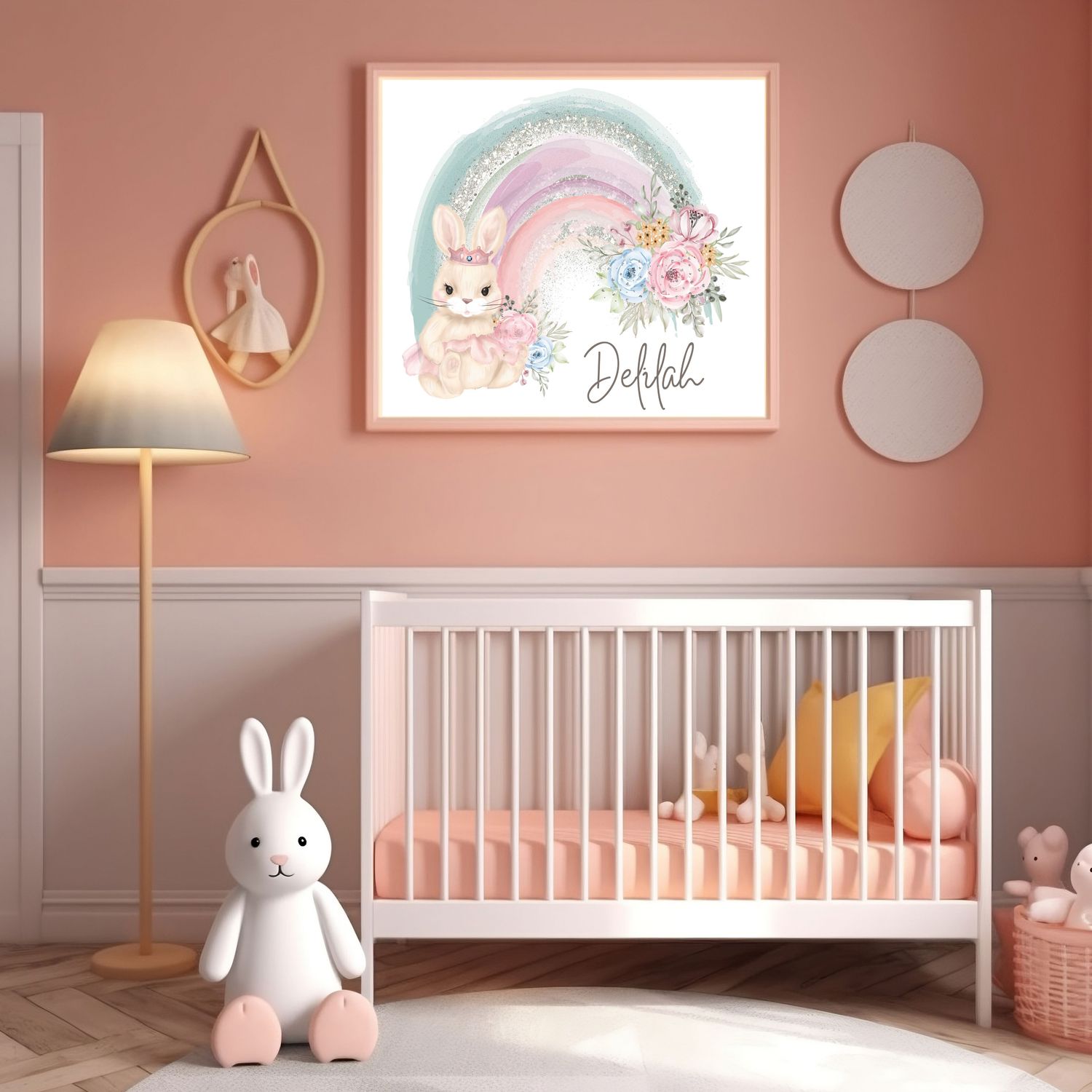 Floral Bunny Rainbow Nursery Bedroom Decor Print