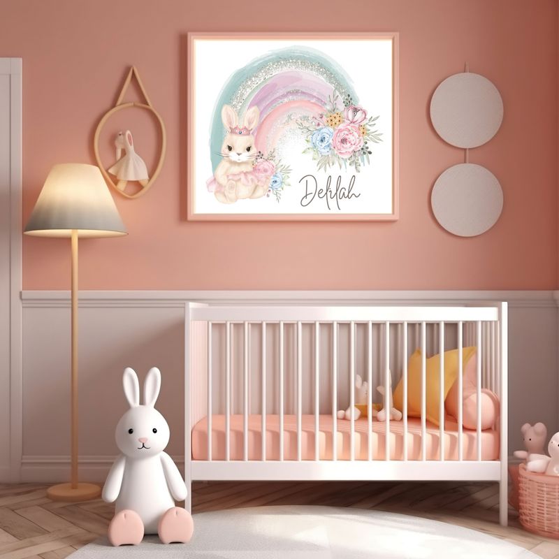 Floral Bunny Rainbow Nursery Bedroom Decor Print