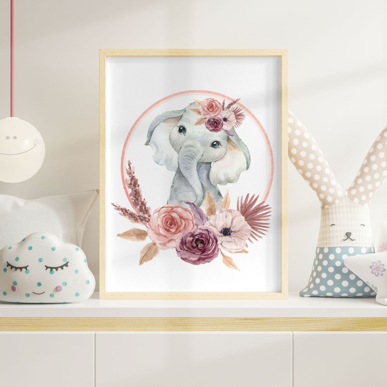 Pink Pampas Elephant Nursery Bedroom Decor Print