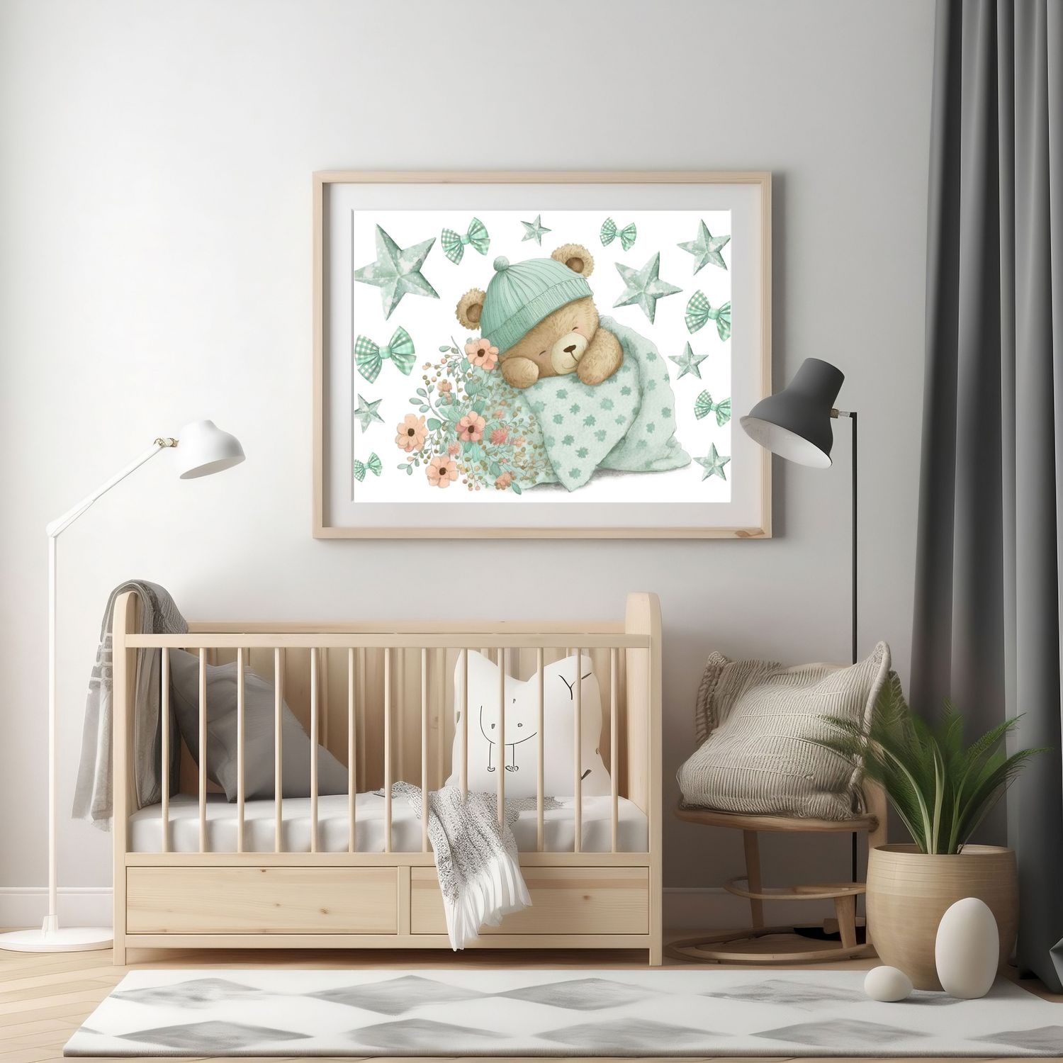 Mint Sleepy Bear 2 Nursery Bedroom Decor Print