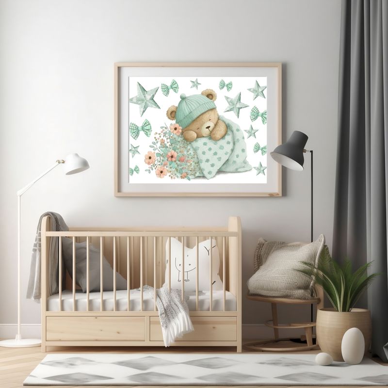 Mint Sleepy Bear 2 Nursery Bedroom Decor Print