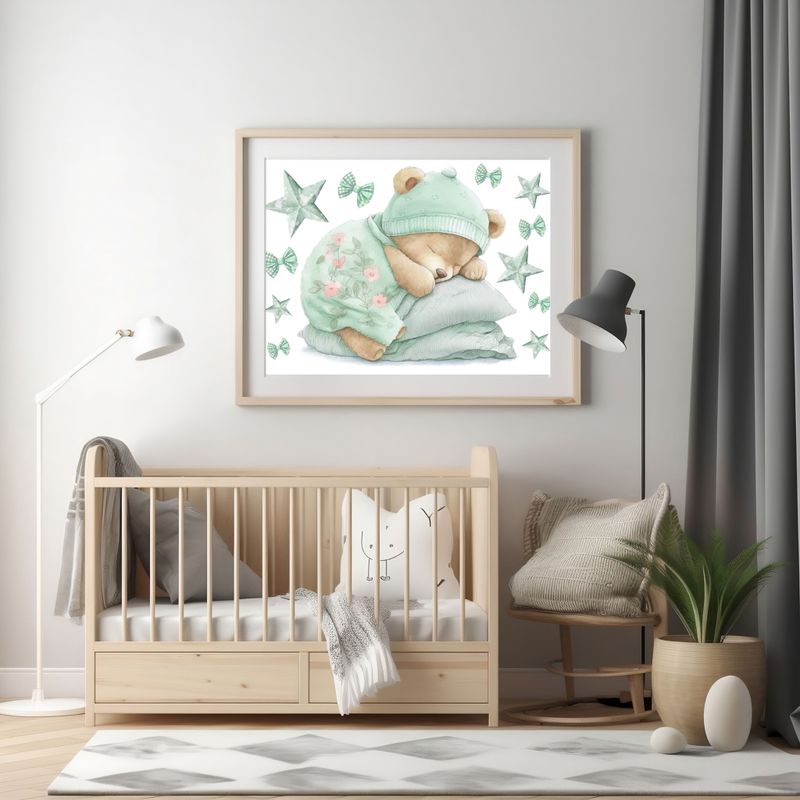 Mint Sleepy Bear 1 Nursery Bedroom Decor Print