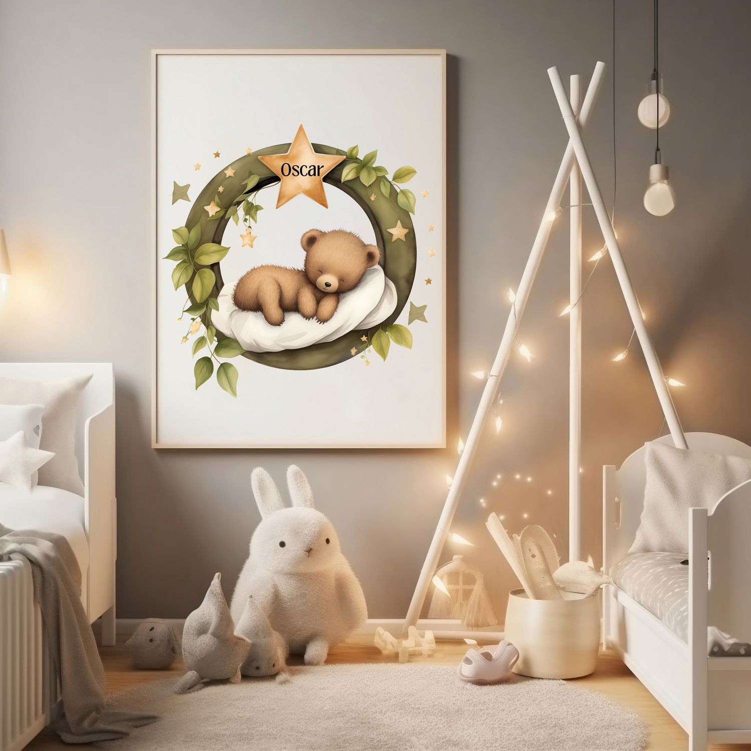 Sleepy Bear Wreath Nursery Bedroom Decor Print