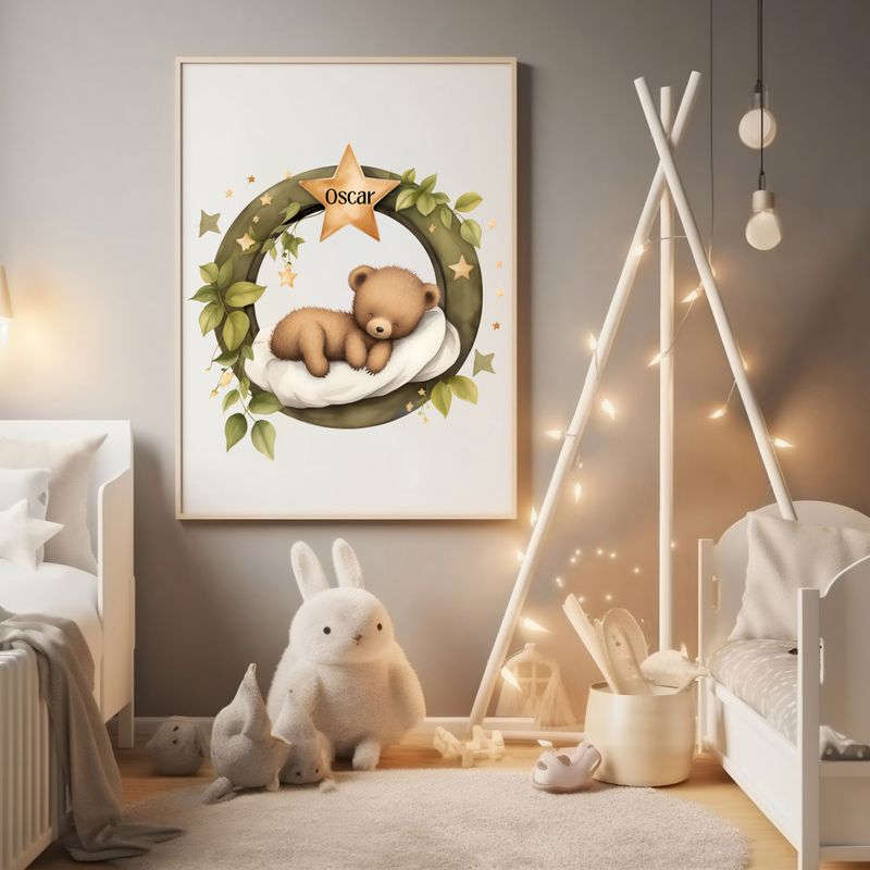 Sleepy Bear Wreath Nursery Bedroom Decor Print