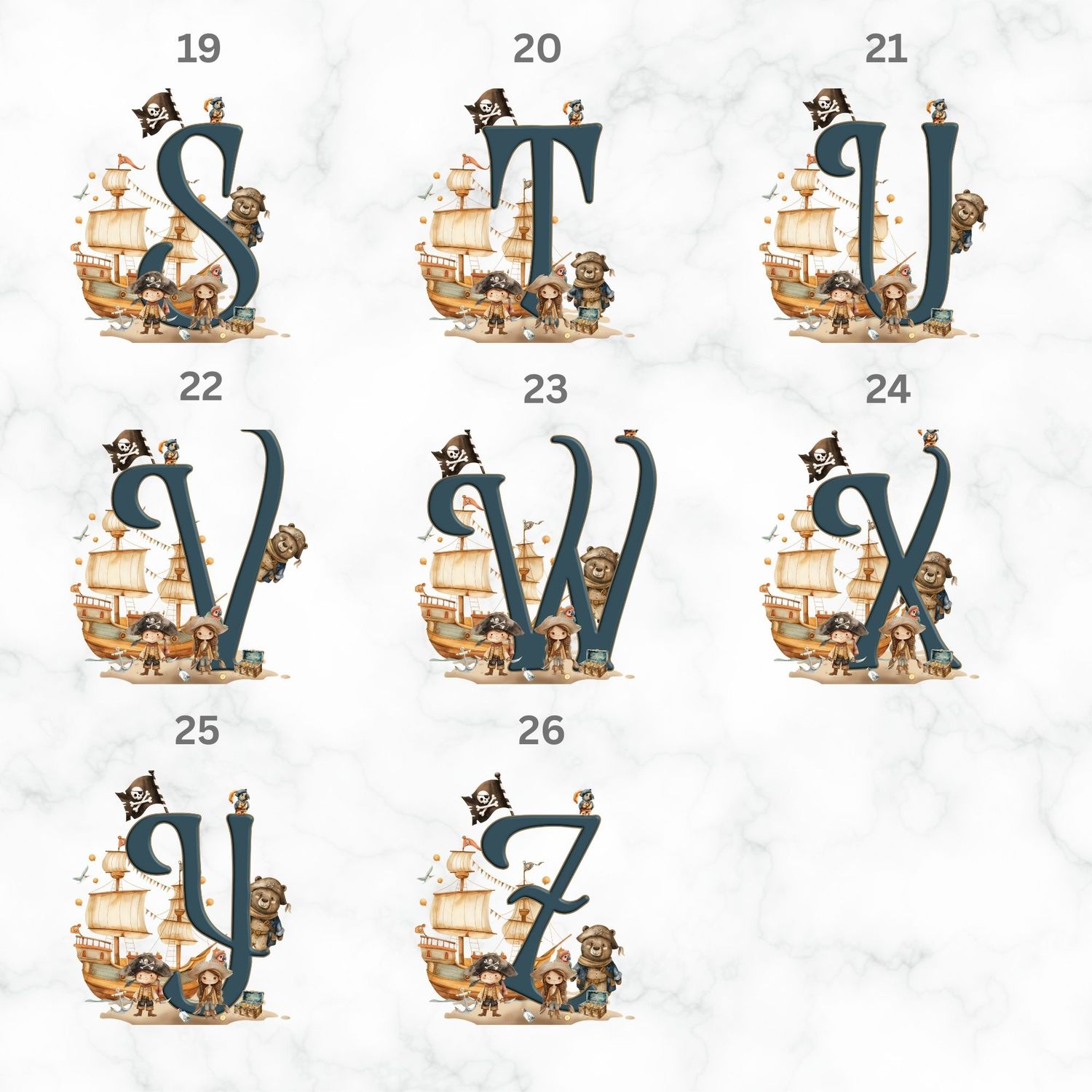 Pirate Ship Alphabet Nursery Bedroom Decor Print