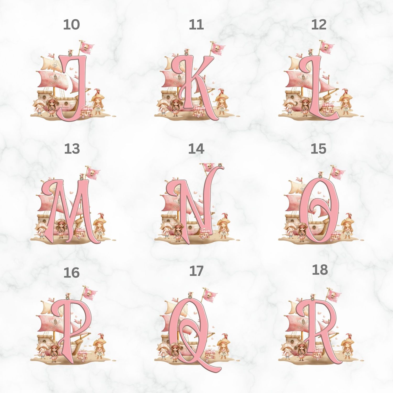 Pirate Ship Pink Alphabet Nursery Bedroom Decor Print