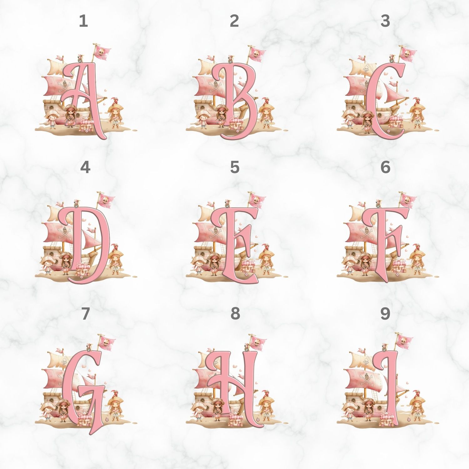 Pirate Ship Pink Alphabet Nursery Bedroom Decor Print