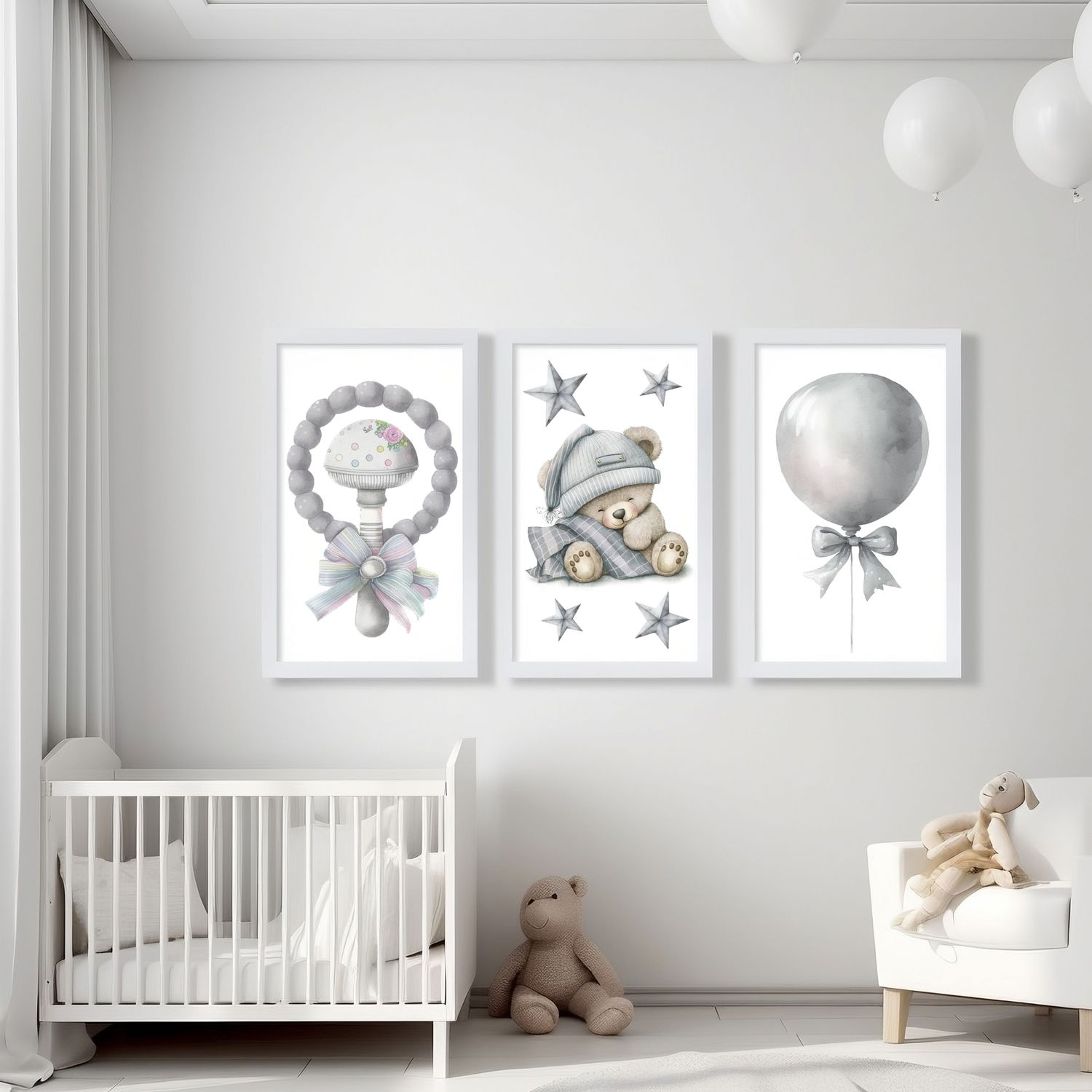 Grey Sleepy Bear Set x3 Nursery Bedroom Decor Print