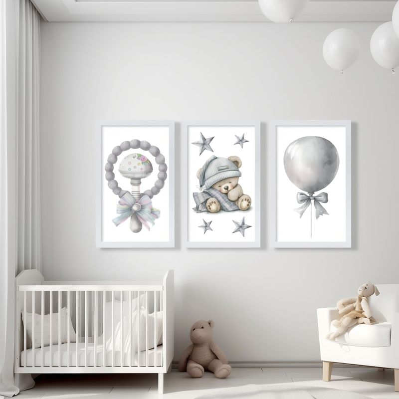 Grey Sleepy Bear Set x3 Nursery Bedroom Decor Print