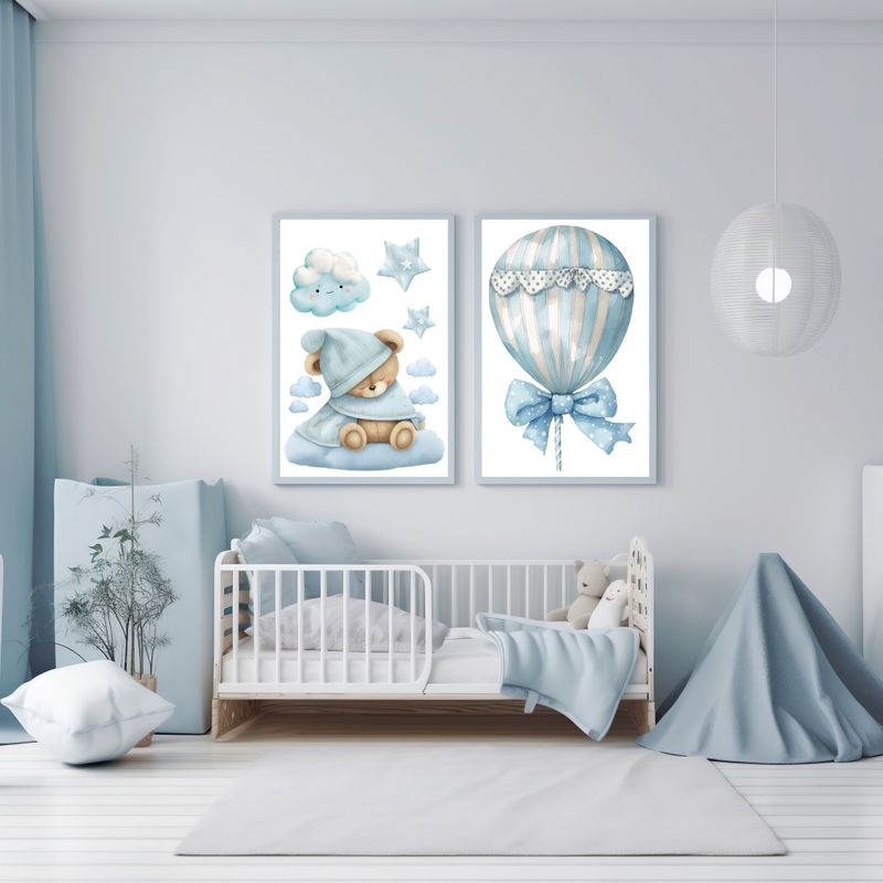 Blue Sleepy Bear x2 Nursery Bedroom Decor Print