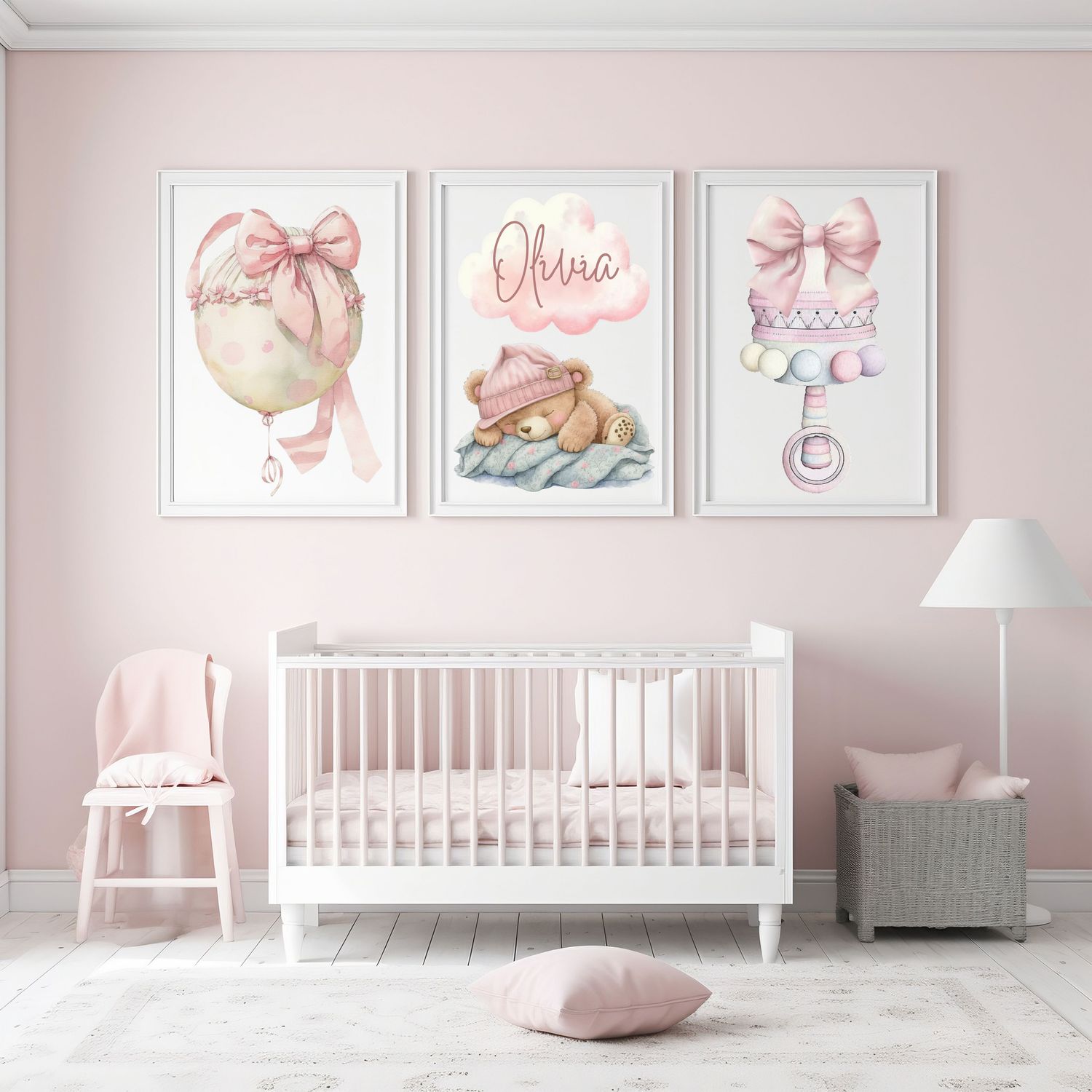 Pink Sleepy Bear Set x3 Nursery Bedroom Decor Print