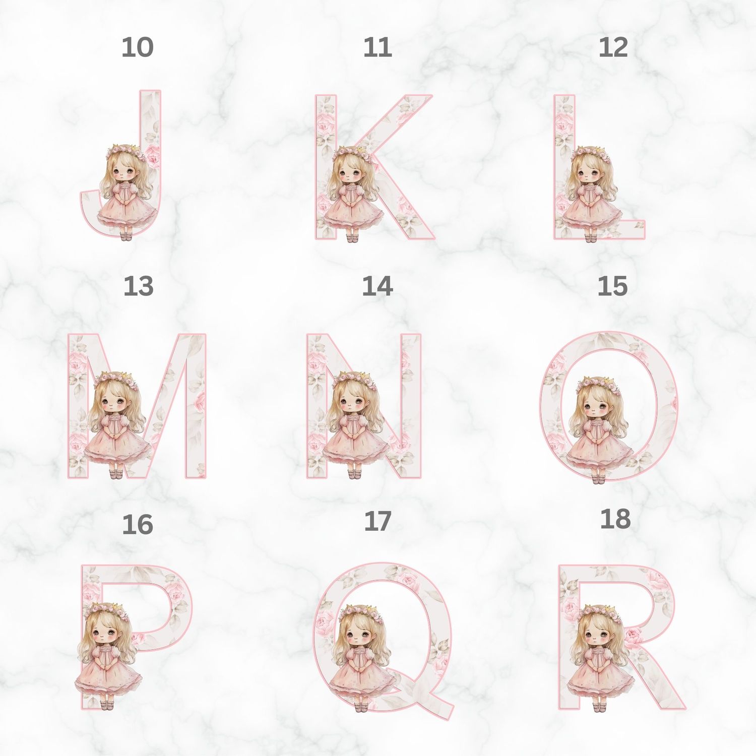 Princess Rose Alphabet Nursery Bedroom Decor Print