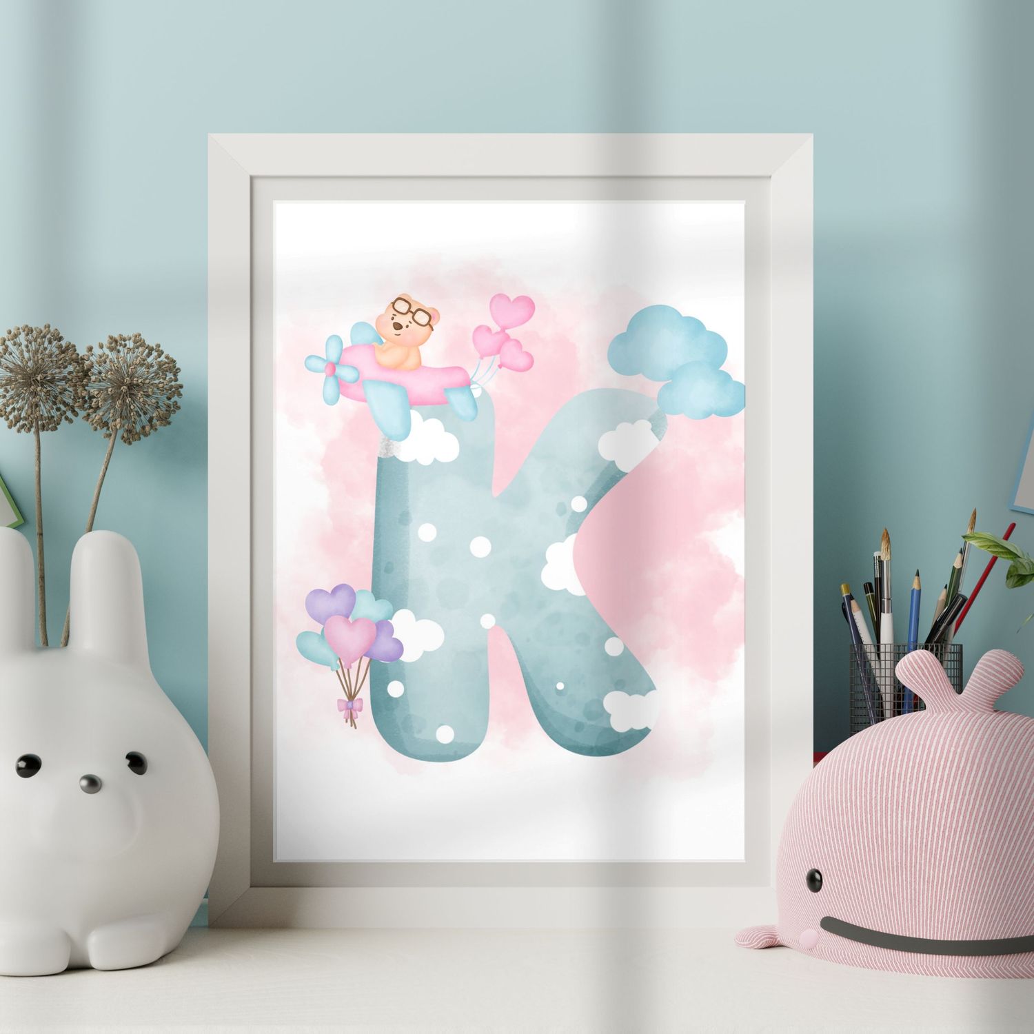 Pink Plane Clouds Alphabet Nursery Bedroom Decor Print